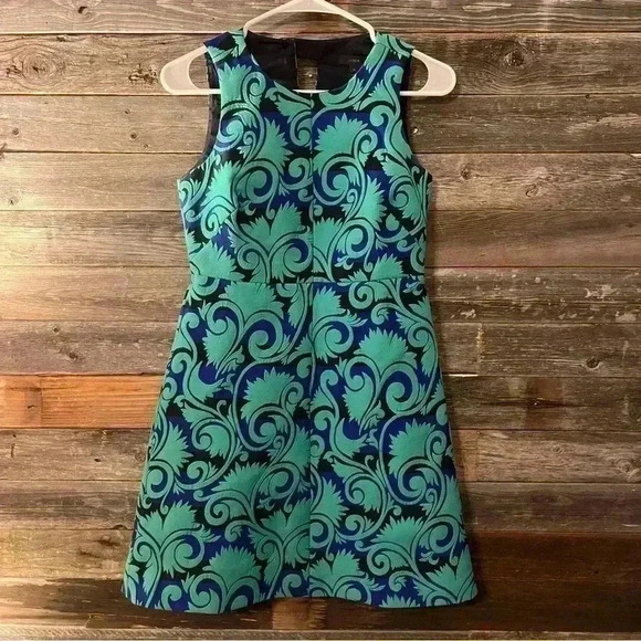 J Crew Dress Vineyard Jaquard A Line Blue Green Size 0 G1061 - Picture 7 of 9